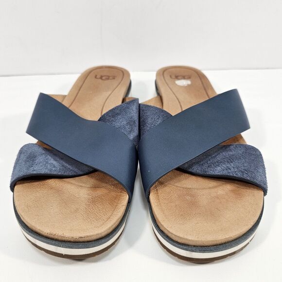 UGG Women's Kari Criss Cross Slide Sandals Blue Leather Suede Size 10 EU 41 - Picture 2 of 8